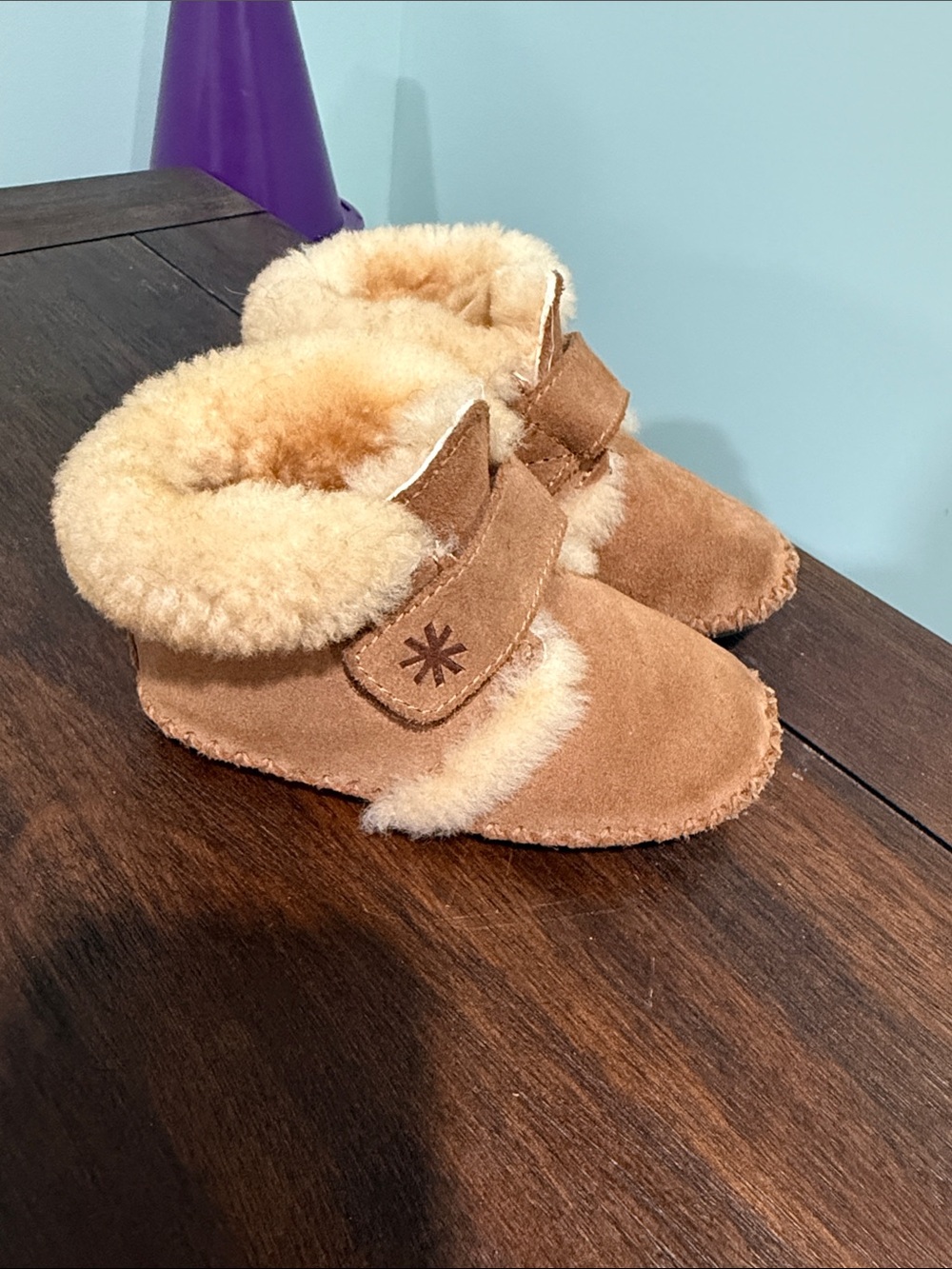 L.L. Bean Kids Suede Moccasin Booties in Chestnut Brown with Cream Shearling